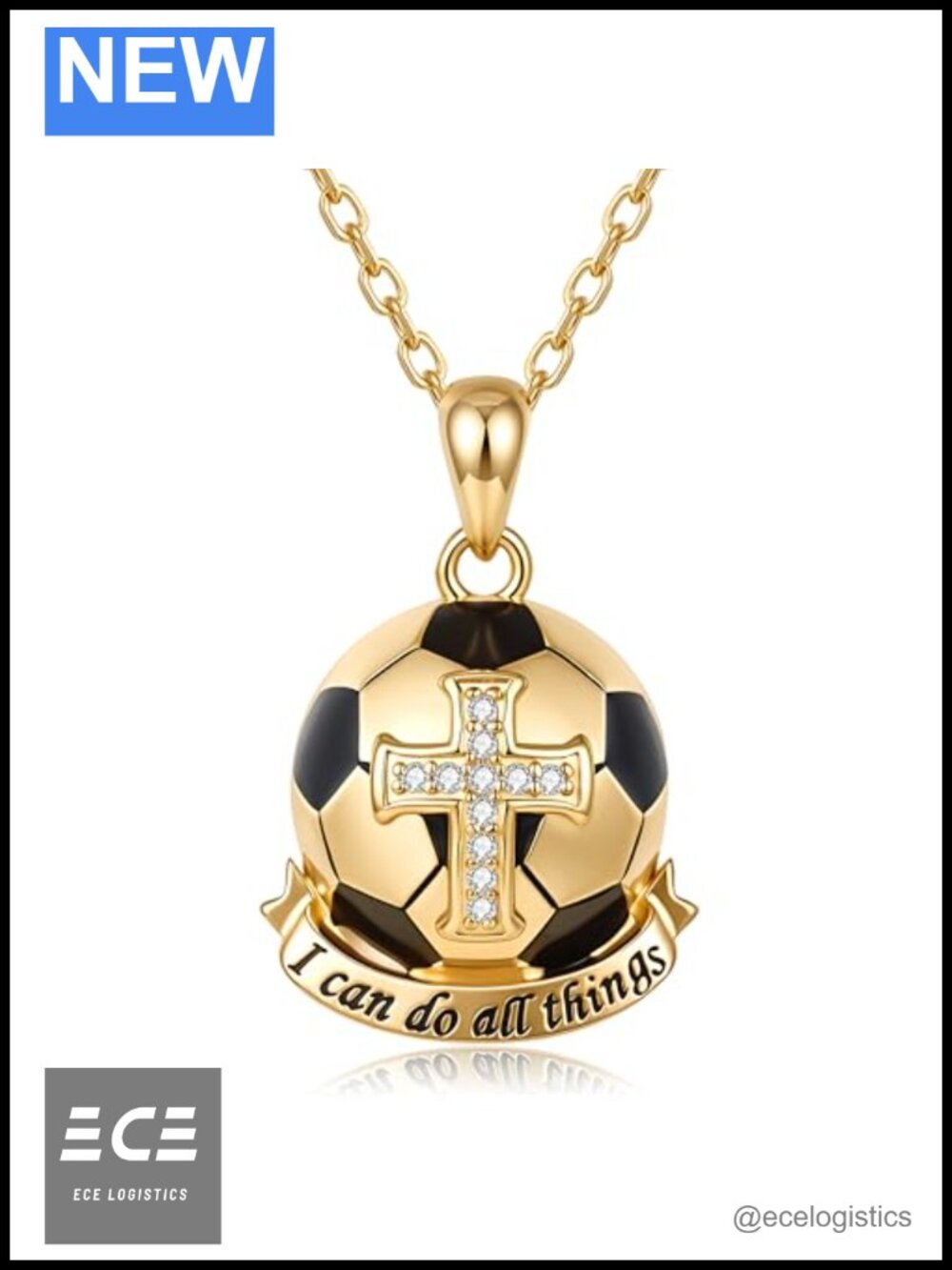 S925 Sterling Silver 18K Gold Plated Soccer Cross Necklace Cubic Zirconia